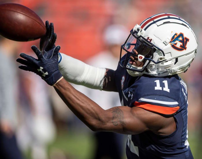 Auburn Tigers wide receiver Shedrick Jackson (11) during warm ups at Jordan-Hare Stadium in Auburn, Ala., on Saturday, Nov. 13, 2021.